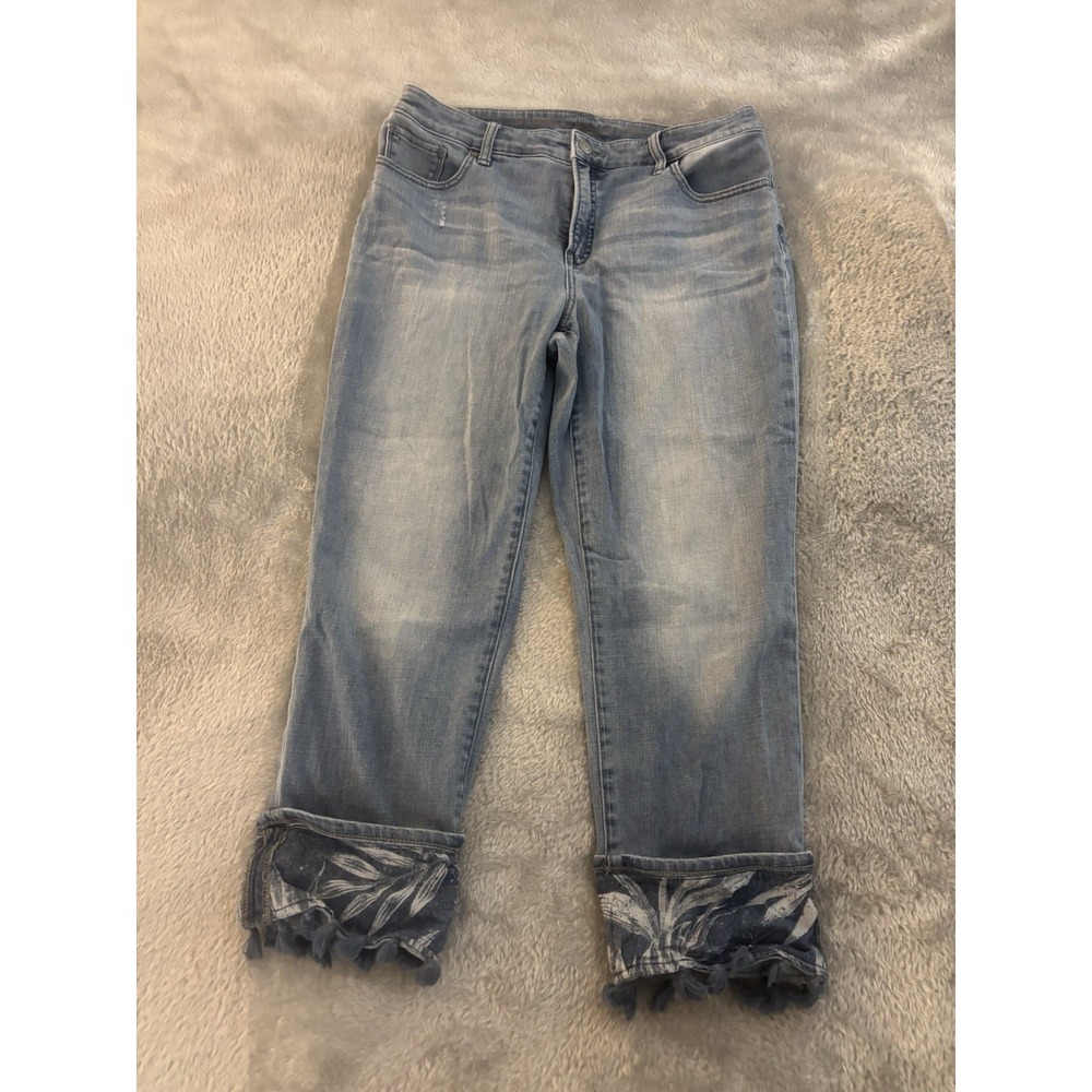 Chico's So Slimming Girlfriend Jeans Women's Slim Leg Crop Fringe Trim Size 1/8